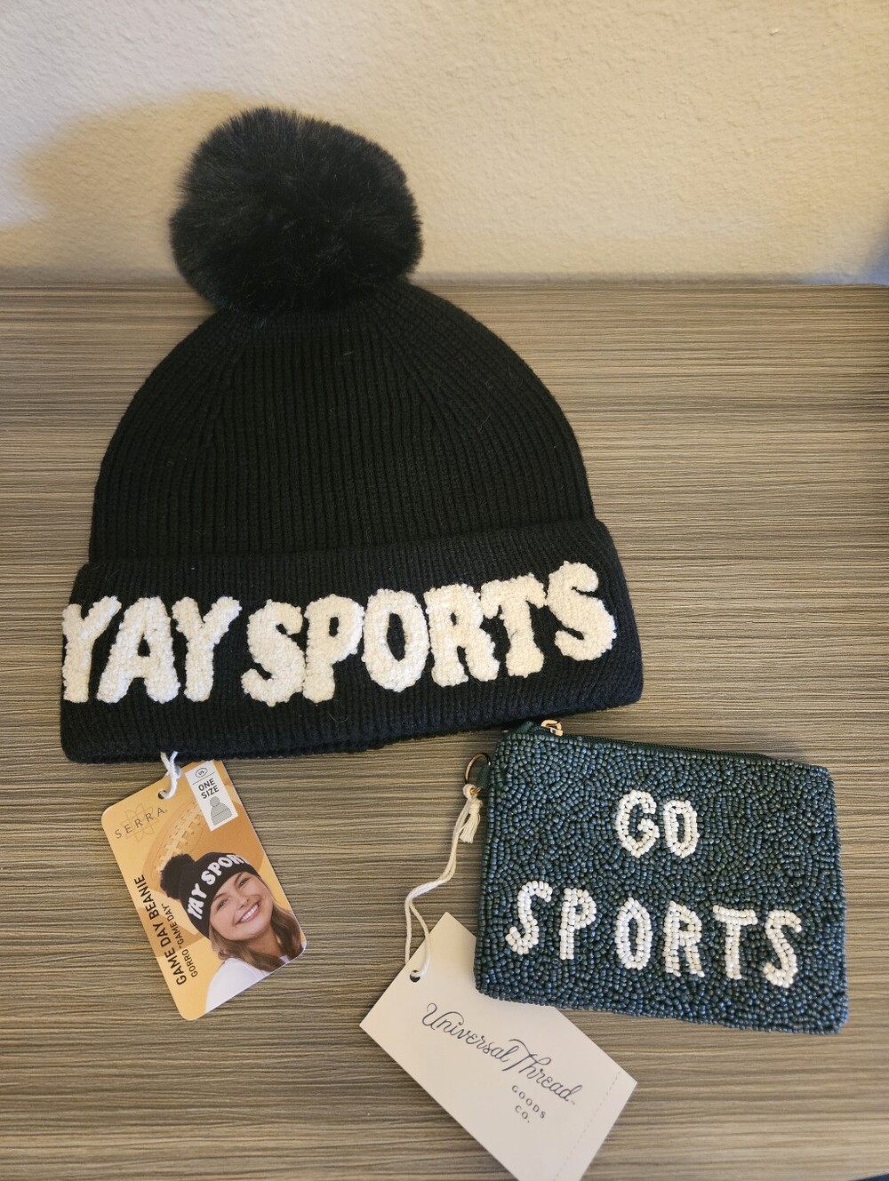 YAY SPORTS Beanie + GO SPORTS Beaded Coin Purse Fantasy Football Merch NWT